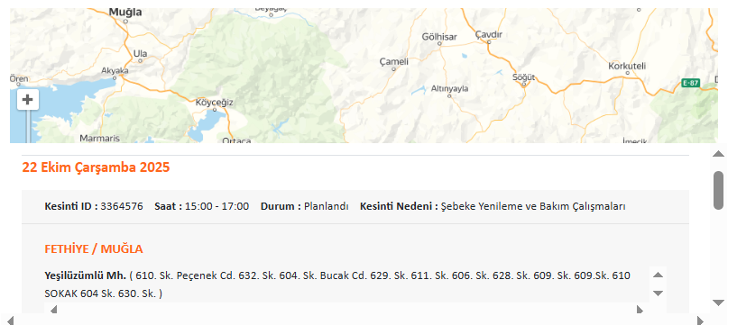 İşte Fethiye Elektrik Kesintisi 22.10.2025 haberi