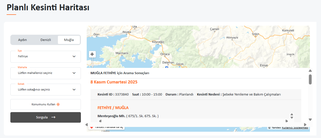 İşte Fethiye Elektrik Kesintisi 08.11.2025 haberi