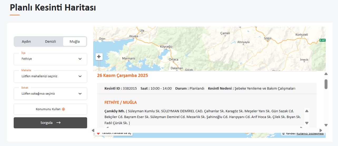 İşte Fethiye Elektrik Kesintisi 26.11.2025 haberi