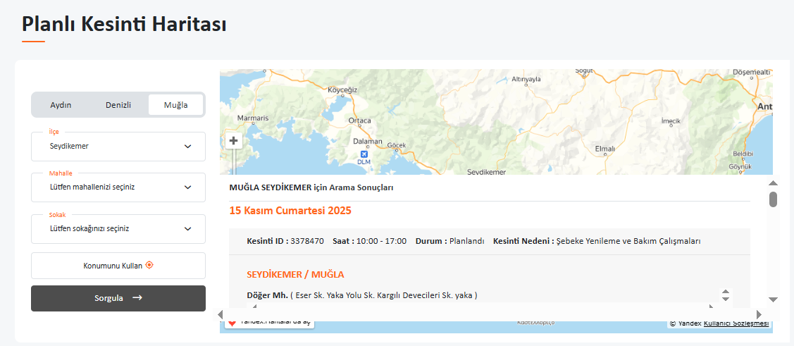 İşte Seydikemer Elektrik Kesintisi 15.11.2025 haberi