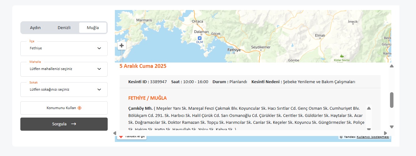 İşte Fethiye Elektrik Kesintisi 05.12.2025 haberi