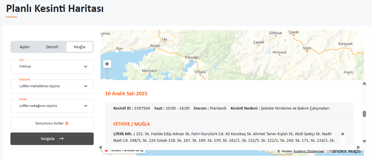 İşte Fethiye Elektrik Kesintisi 16.12.2025 haber