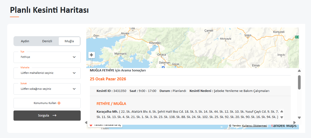 İşte Fethiye’de Planlı Elektrik Kesintisi: 25 Ocak 2026 Pazar haberi
