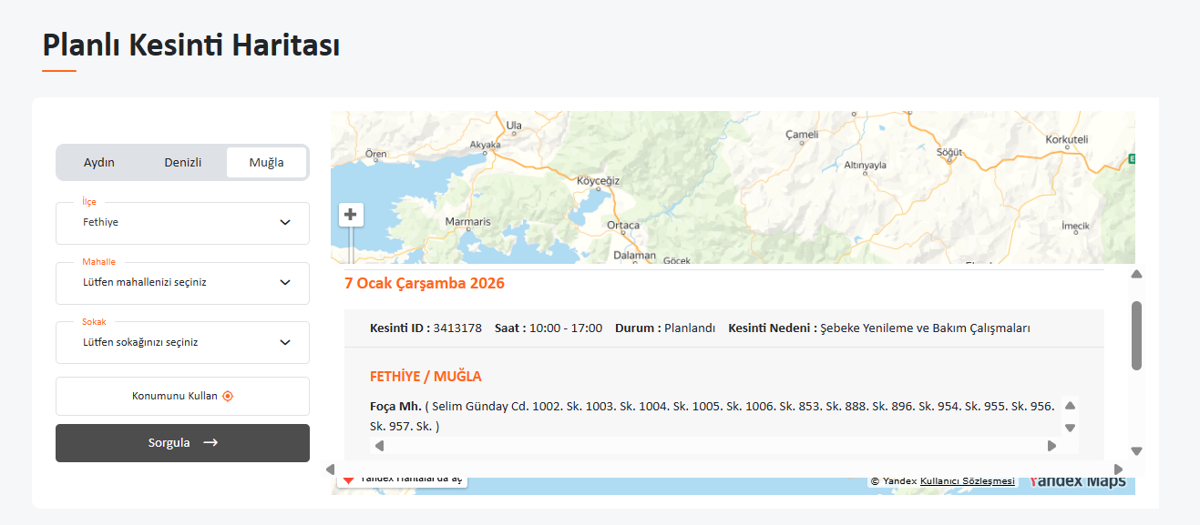 İşte Fethiye Elektrik Kesintisi 07.01.2026 haberi