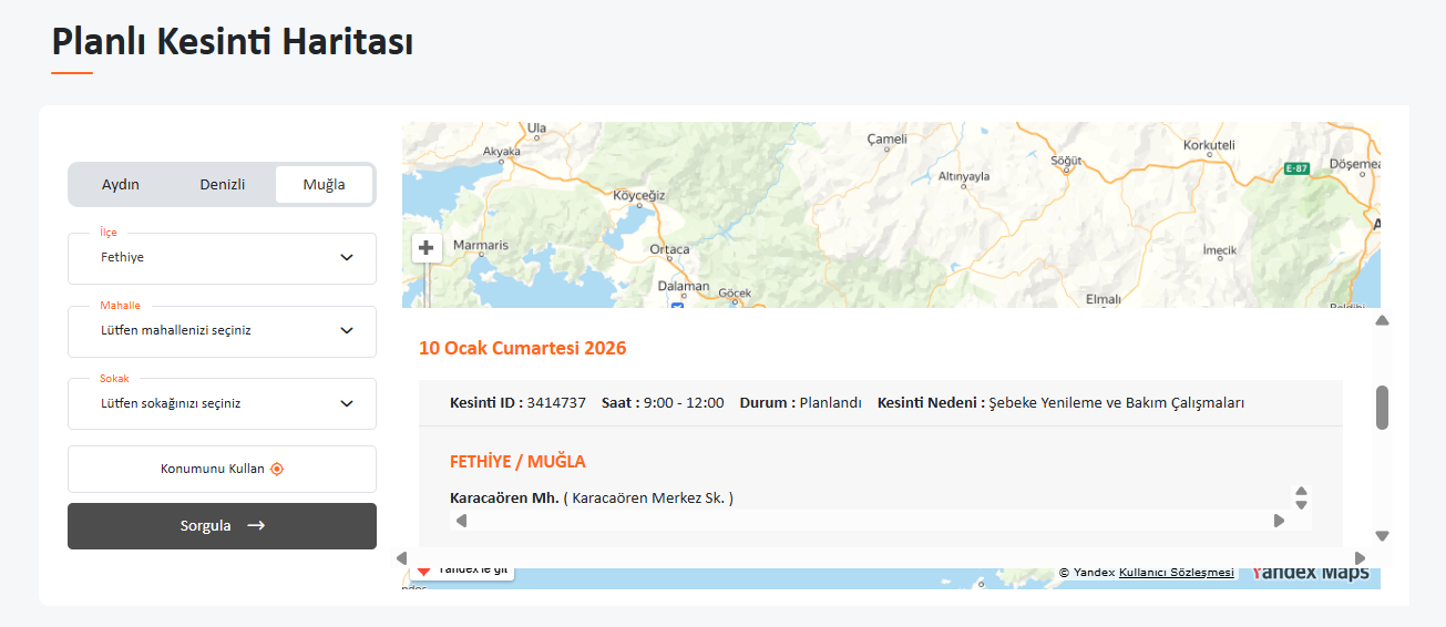 İşte Fethiye Elektrik Kesintisi 10.01.2026 haberi