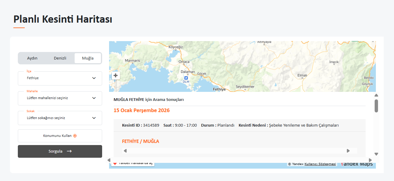 İşte Fethiye Elektrik Kesintisi 15.01.2026 haberi