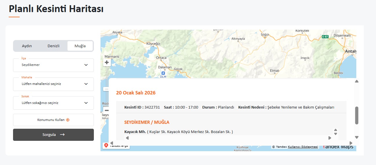 İşte Seydikemer’de 20 Ocak’ta Planlı Elektrik Kesintisi haberi