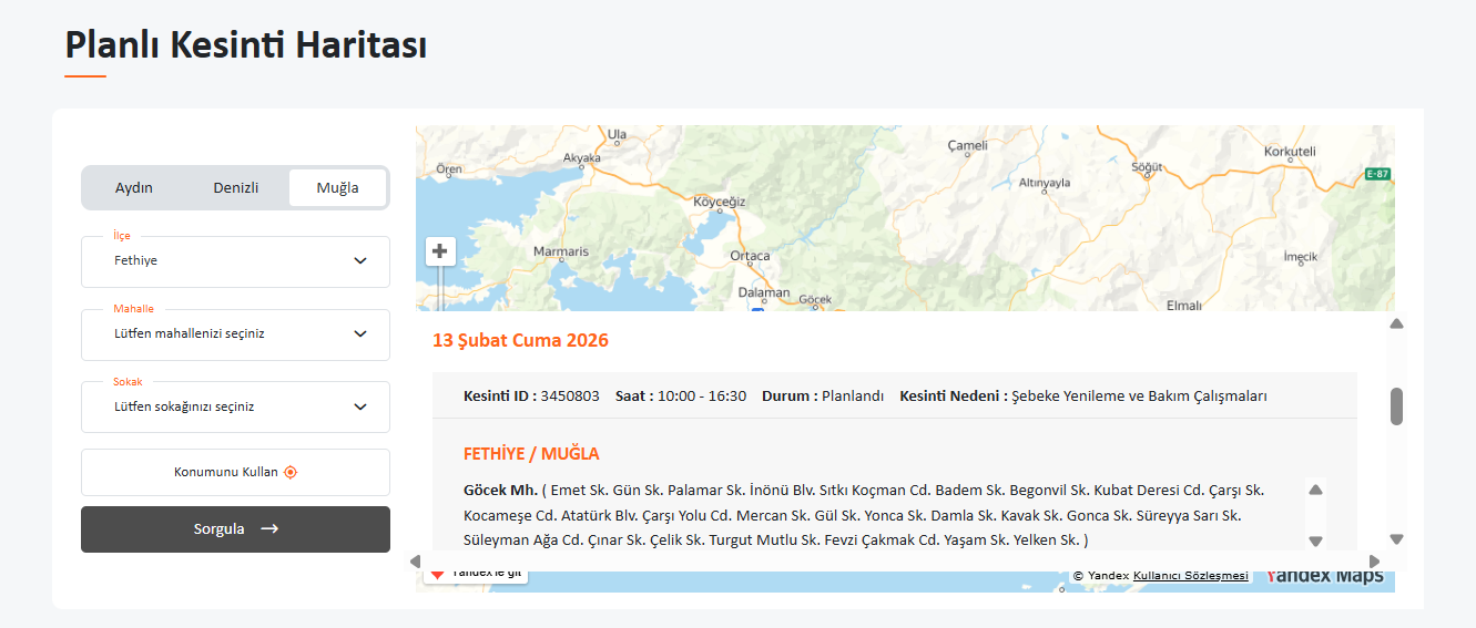 İşte Fethiye’de 13 Şubat'ta Belirli Saatlerde Elektrik Verilemeyecek! haberi