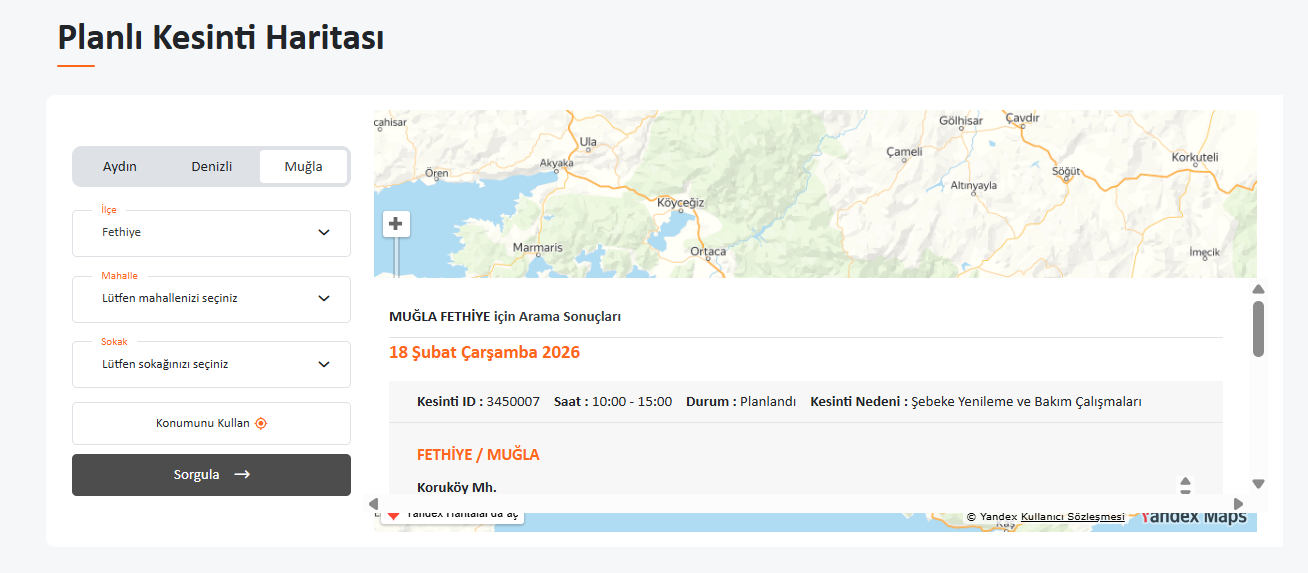 İşte Fethiye’de 18 Şubat’ta Planlı Elektrik Kesintisi
haberi