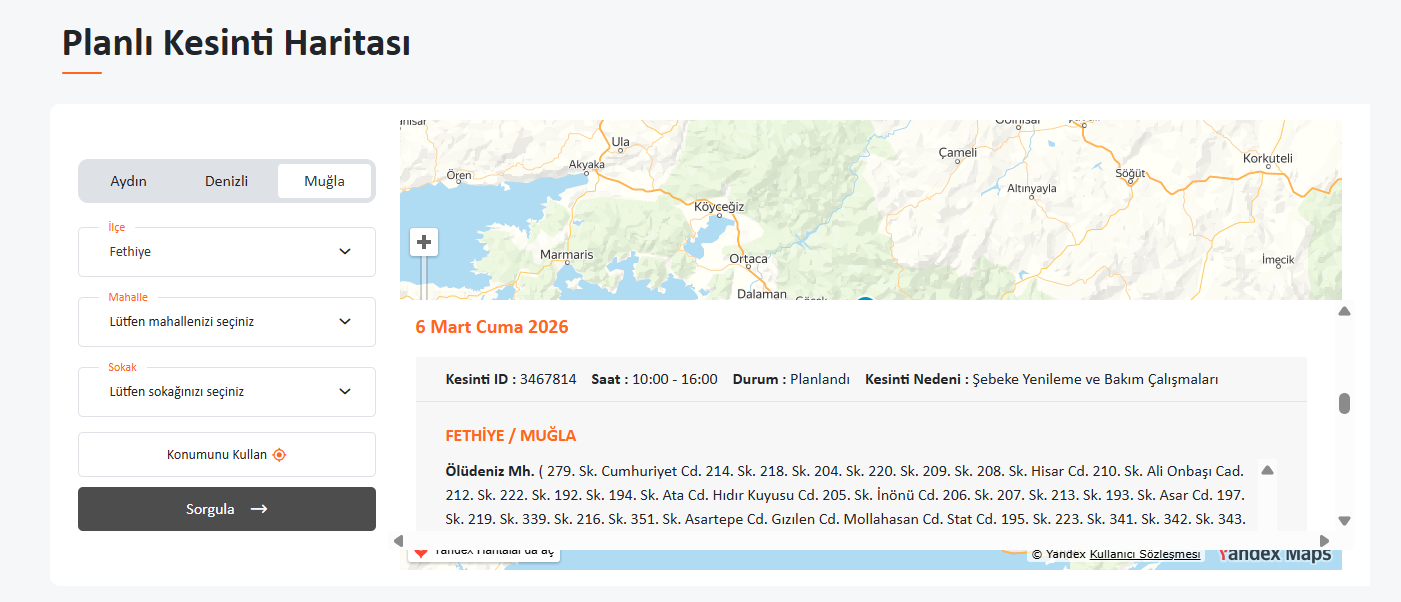 İşte Fethiye’de 6 Mart’ta Elektrikler Kesilecek! İşte Sokak Sokak Detaylar! haberi