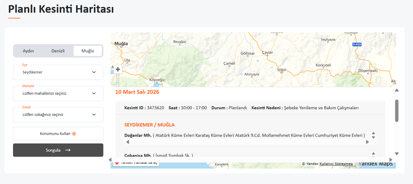 İşte Seydikemer’de 10 Mart’ta Geniş Kapsamlı Elektrik Kesintisi! 10 Mahallede Saatlerce Elektrik Olmayacak haberi
